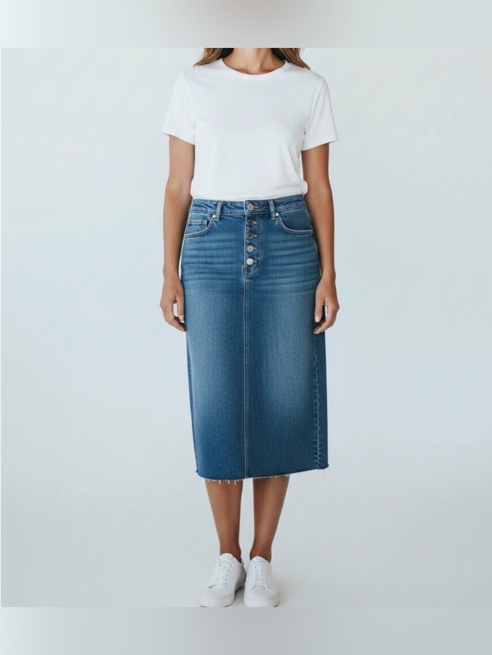 Simply Vera Vera Wang Denim Midi Skirt Button Front Size 14 Raw Hem